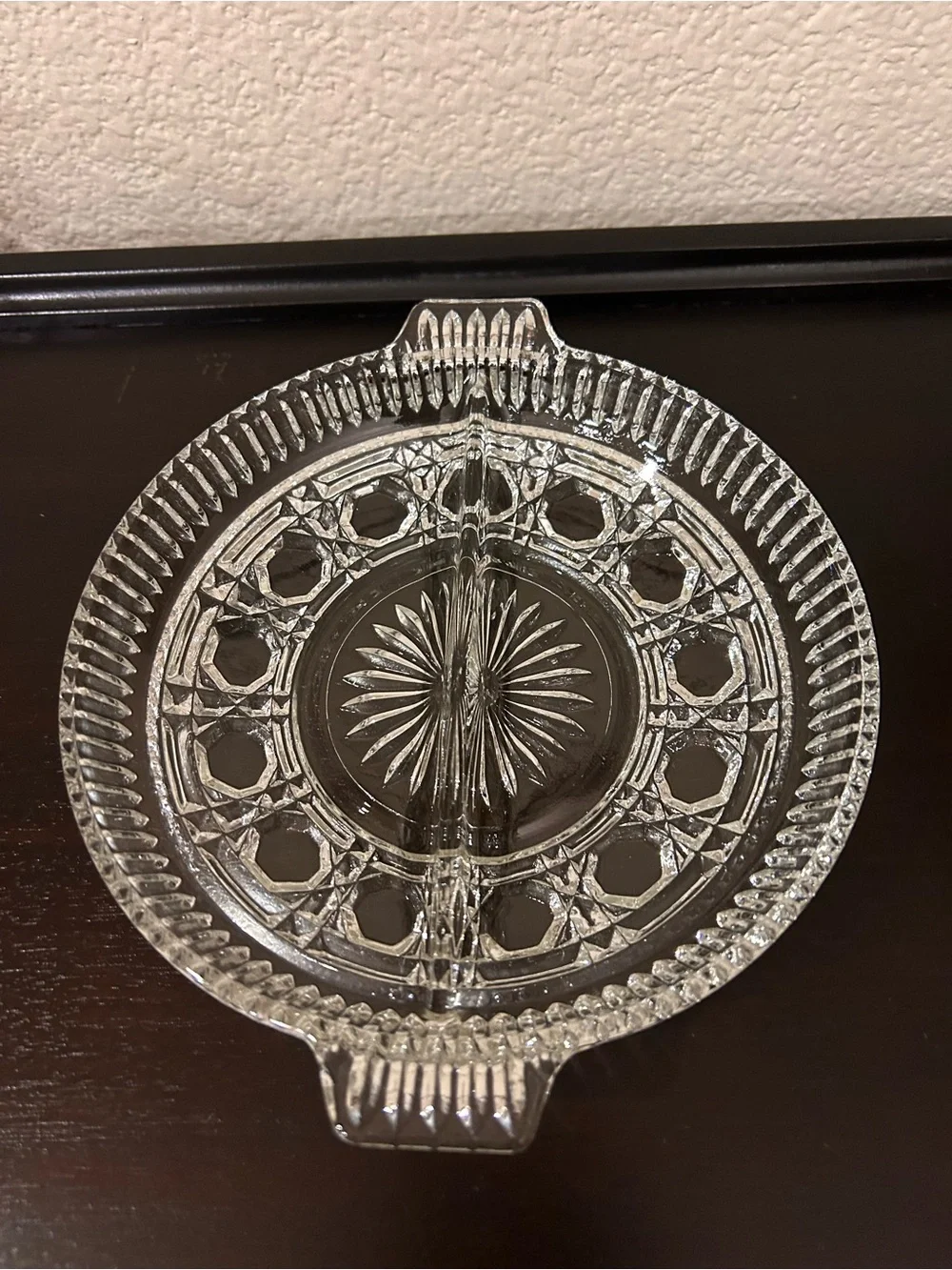Vintage Federal Glass Windsor Button & Cane Round Divided Relish Dish